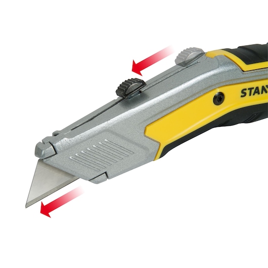 STANLEY FMHT0-10288 utility knife, angled view, showing retractable blade and yellow-black handle.