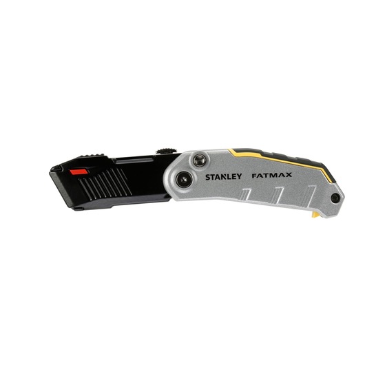 Photo of STANLEY FMHT0-10320 folding utility knife, silver and black, side view, with FATMAX branding.
