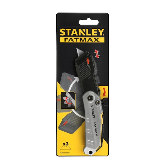 Photo of STANLEY FMHT0-10320 utility knife in packaging, silver and black, folding design, front angle.