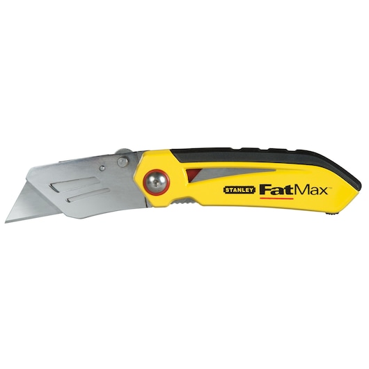 Photo of STANLEY FMHT0-10827 folding utility knife with yellow and black handle, side angle on white background.