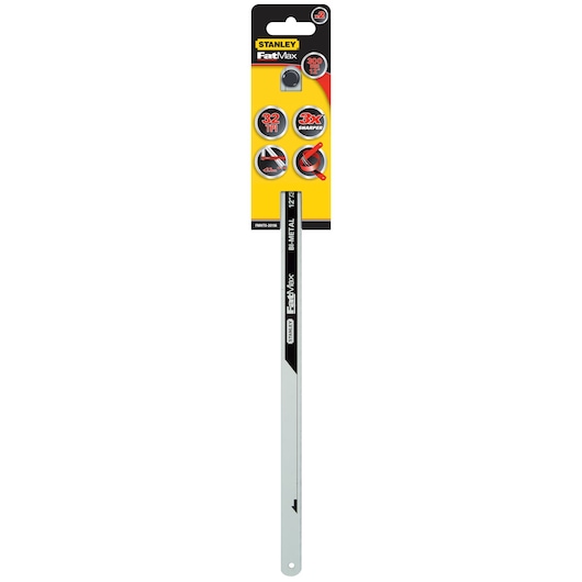 Stanley FMHT0-20196 hacksaw blade, FatMax, 32 TPI, 12 inch, front view, yellow and black packaging.
