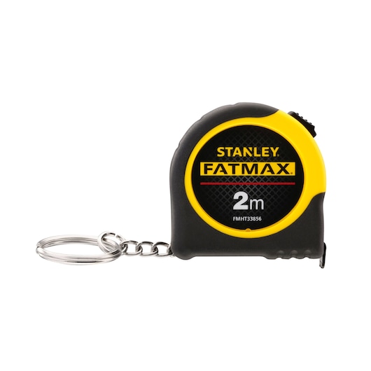 STANLEY FMHT0-33856 tape measure keychain, black and yellow, front angle on white background.
