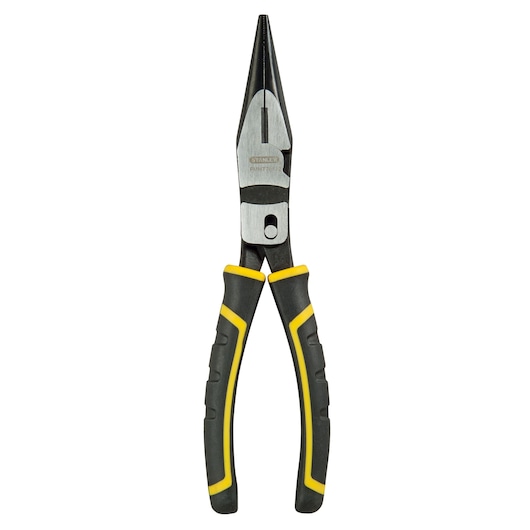 Stanley long nose pliers with black and yellow handles, shown upright on white background.