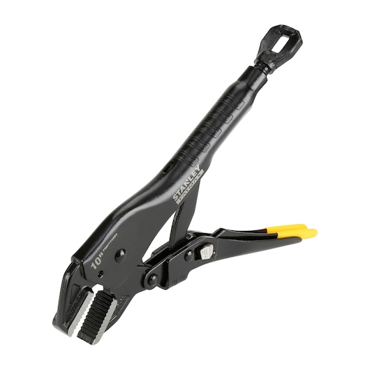 Photo of STANLEY FMHT0-74884 locking pliers with black body and yellow handle, angled on white background.