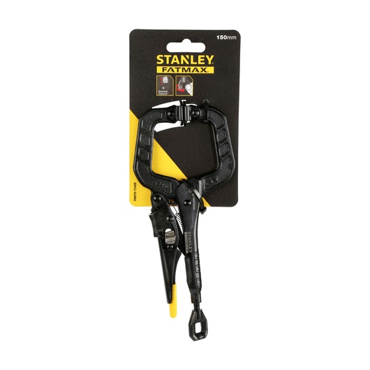 Photo of STANLEY FMHT0-75408 locking C-clamp 150mm, black, in packaging, front angle.