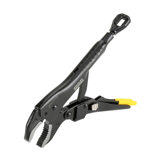 STANLEY FMHT0-75409 locking pliers, black metal with yellow accents, side angle on white background.