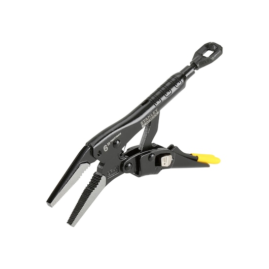 Stanley FMHT0-75438 locking pliers with grooved jaws and adjustment screw, shown on white background.