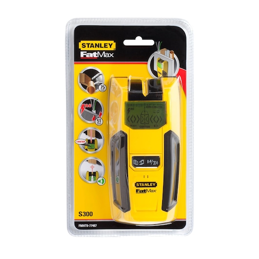 Photo of STANLEY FMHT0-77407 electronic stud finder in retail packaging, yellow and black, front view.