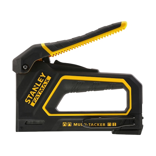 STANLEY FMHT0-80550 hand stapler, black and yellow, side angle on white background.