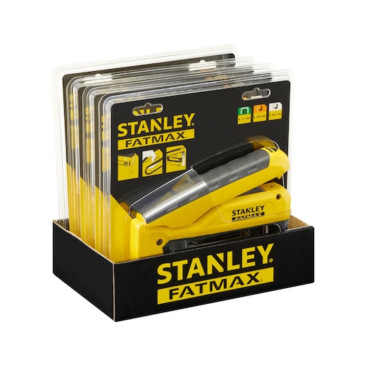 STANLEY FMHT0-80551 stapler, yellow and black, FATMAX series, side angle, retail packaging.