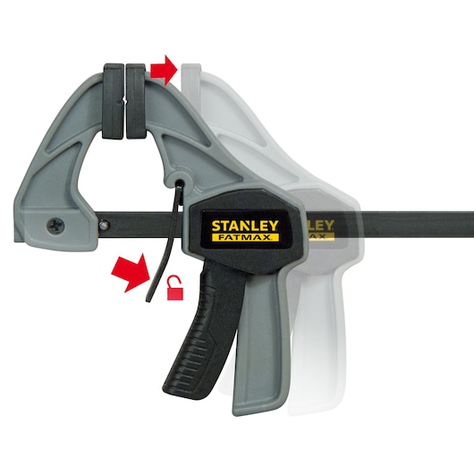 STANLEY FMHT0-83231 hand clamp with lock mechanism, side view, grey and black with yellow logo, red arrows indicate movement.