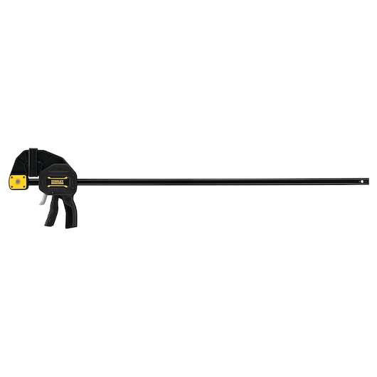 Photo of STANLEY FMHT0-83241 black trigger bar clamp, woodworking tool, side angle on white background.