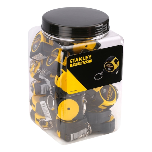 STANLEY FMHT1-33856 jar of FatMax 2m tape measure keychains, front angle, black and yellow design.
