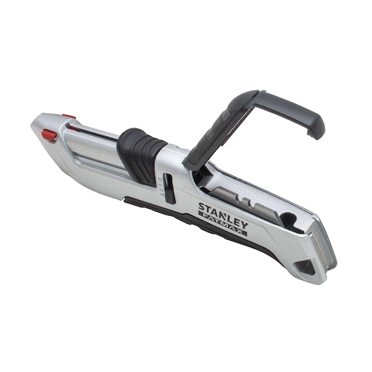 STANLEY FMHT10367-0 silver utility knife with black grip and open blade storage, side view, photography.