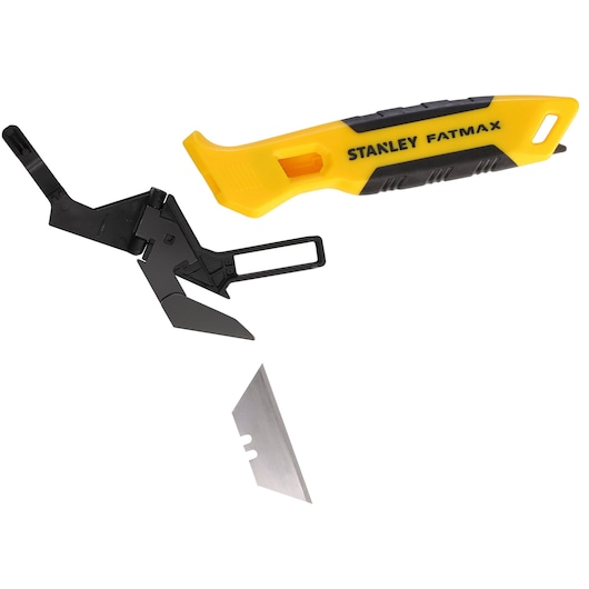 Photo of STANLEY FATMAX FMHT10373-0 utility knife with yellow and black handle and separate blade, side angle.