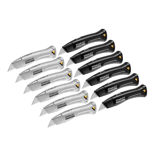 Photo of STANLEY FMHT10502-9 utility knives in silver and black, angled on white background.