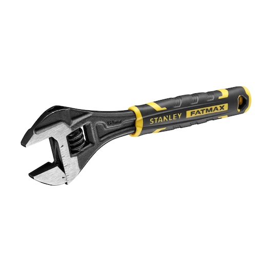 Stanley Fatmax adjustable wrench with black and yellow handle, shown against a white background.