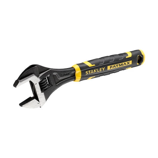 Adjustable wrench with black and yellow handle, STANLEY FATMAX branding, tool for tightening or loosening bolts.