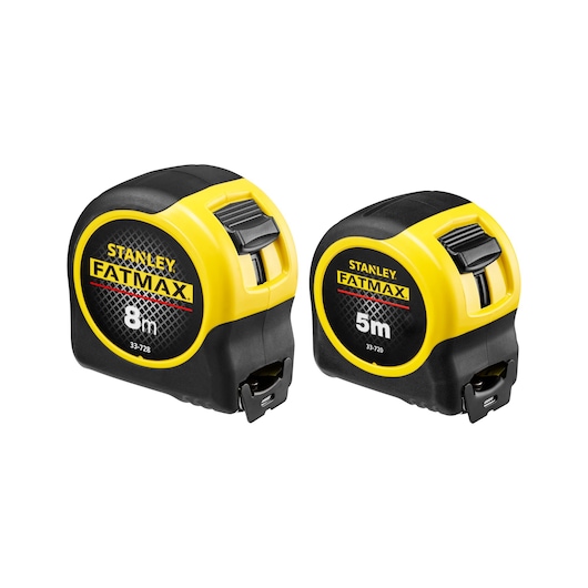 STANLEY FMHT31725-0 tape measure set, FATMAX 8m and 5m, yellow and black, front angle photo on white.