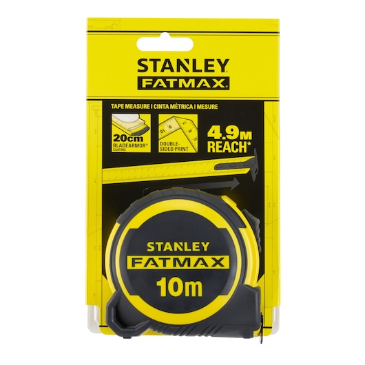 Photo of STANLEY FMHT33005-0 FATMAX 10m tape measure, black and yellow, front angle on white background.
