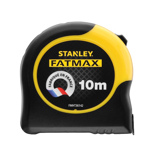 STANLEY FMHT36142-0 tape measure, FATMAX branding, 10m length, black and yellow case, front angle photo.