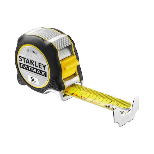 STANLEY FATMAX FMHT38214-0 tape measure, 5 meter, yellow blade, rubber case, front angle on white background.