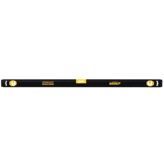STANLEY FMHT42447-1 black and yellow spirit level, top view, showing three vials for precise leveling.