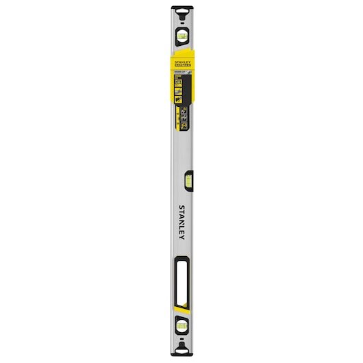 Photo of STANLEY FMHT43674-1 spirit level with silver body, black and yellow accents, front view on white background.