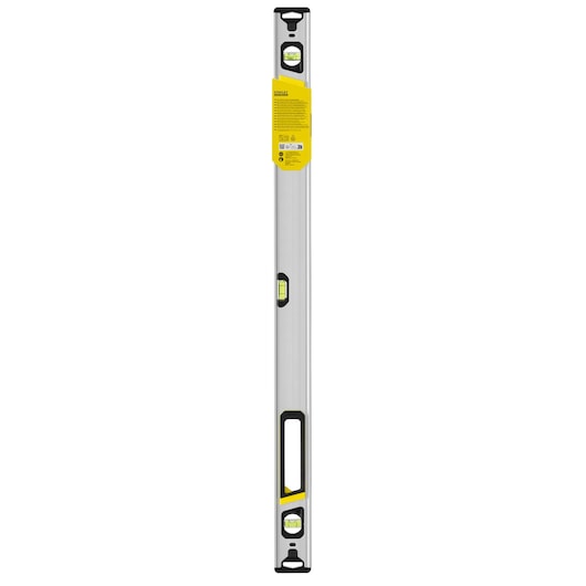 Photo of STANLEY FMHT43674-1 spirit level, silver and black body, three vials, front-facing on white background.