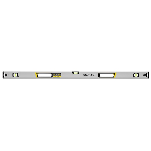 STANLEY FMHT43676-1 spirit level, silver with black and yellow accents, front angle on white background.