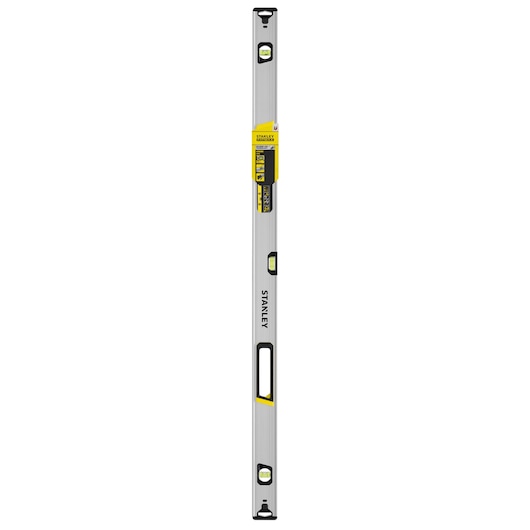 Photo of STANLEY FMHT43677 spirit level, silver with black and yellow accents, shown vertically on white background.
