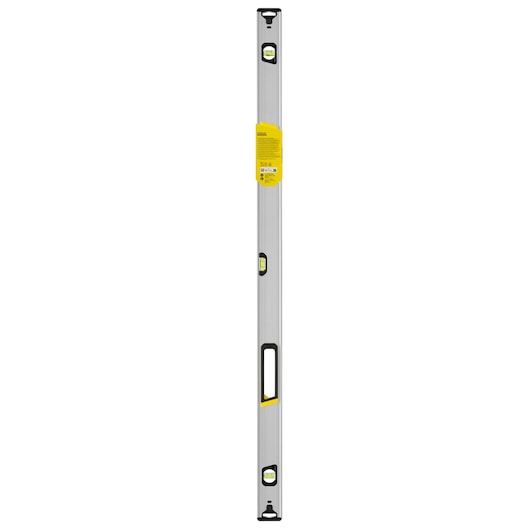 STANLEY FMHT43677 spirit level with aluminum body, three vials, and black/yellow accents, front view on white background.