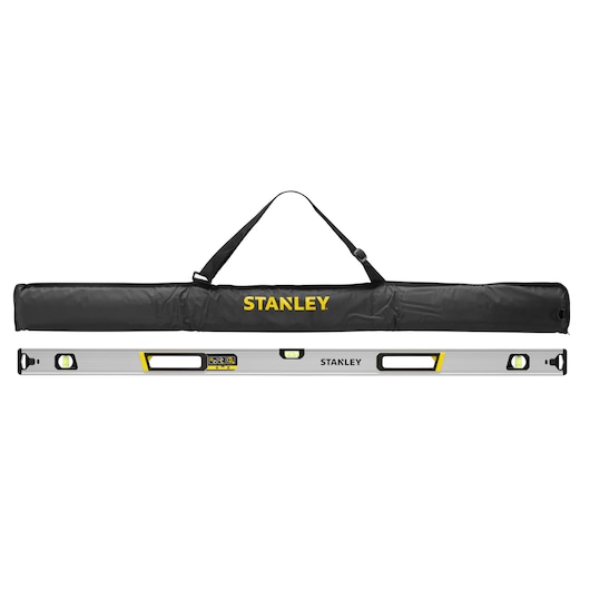 STANLEY FMHT43683-1 spirit level with black carrying case, front angle on white background.