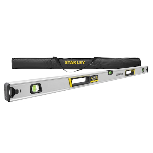 STANLEY FMHT43683-1 aluminum spirit level with three vials, ergonomic handles, and black carrying case, front angle.