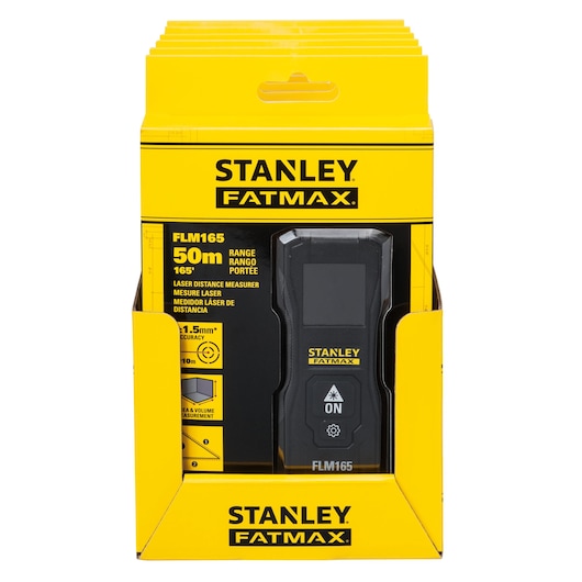 STANLEY FMHT77165-0 laser distance measurer FLM165 in yellow retail packaging, front angle.