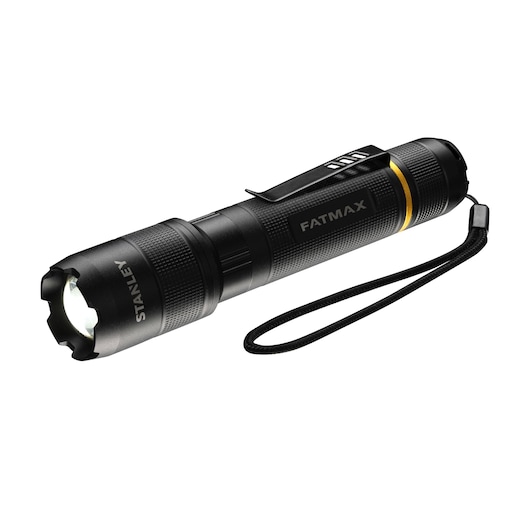 STANLEY FMHT81511-0 black flashlight with clip, wrist strap, yellow accent, product side angle on white background.