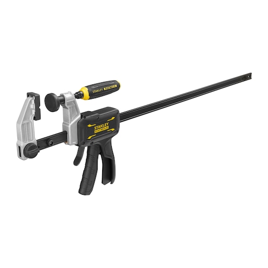 STANLEY FMHT83008-0 trigger clamp with yellow and black handle, side angle, photography product.
