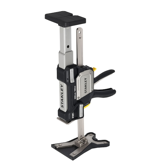 Photo of STANLEY FMHT83558-1 door and panel lifter with adjustable handle, silver and black, front angle on white background.