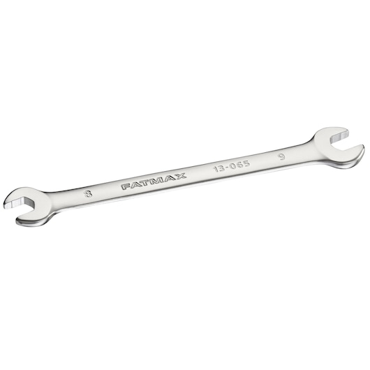 STANLEY FMMT13065-0 double open-ended wrench, silver, photographed from an angled side view.