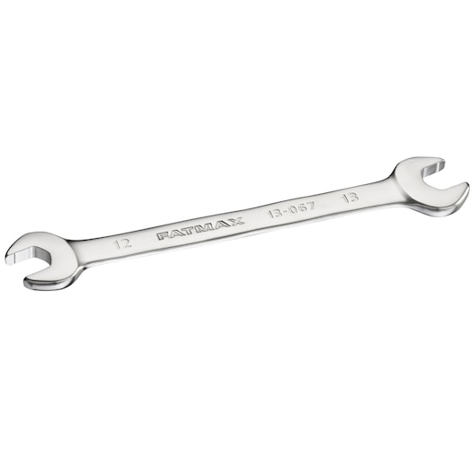 STANLEY FMMT13067-0 open-end wrench silver, top angle on white background, dual metric heads 12mm and 13mm.