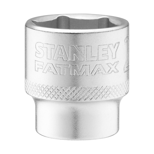 Photo of STANLEY FMMT17220-0 chrome socket with knurled grip, front angle, tool accessory category.