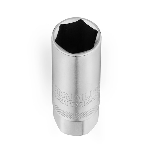 STANLEY FMMT17225-0 silver socket tool, hexagonal opening, photography, top angle, white background.