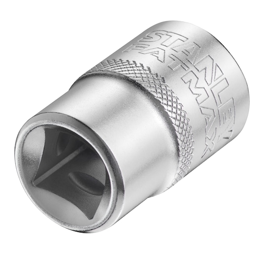Photo of STANLEY FMMT17237-0 socket, silver, knurled grip, angled on white background.