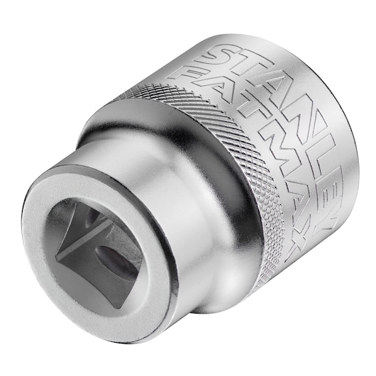 Photo of STANLEY FMMT17244-0 socket, chrome finish, engraved STANLEY FATMAX branding, close-up angle.