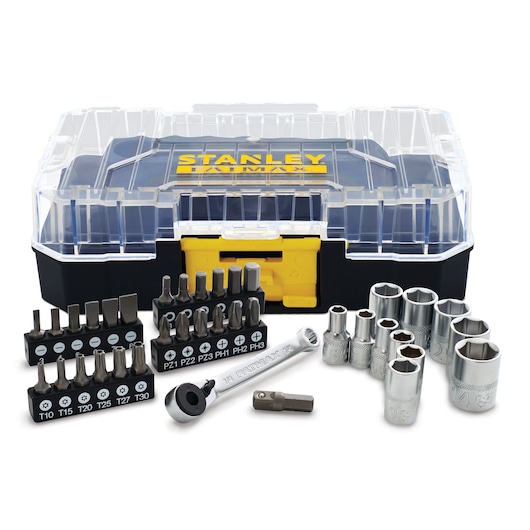 Photo of STANLEY FMMT19101-0 socket and bit set with ratchet, displayed in front of clear-lid storage case.