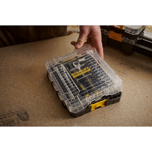 STANLEY FMMT98101-0 tool bit set in clear plastic case held on workbench.