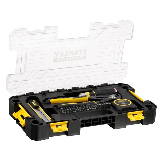 Stanley tool kit with various hand tools in a black case with yellow accents and clear lid.