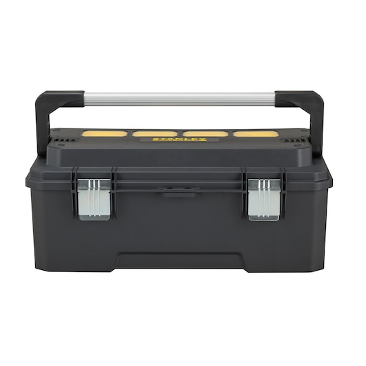 Stanley black toolbox with silver handle and metal latches, shown closed on a white background.