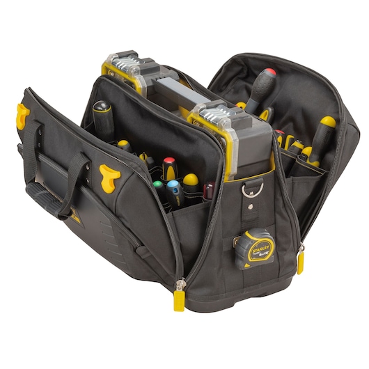STANLEY FMST1-80147 open tool bag with multiple tools, black fabric, photographed from front angle