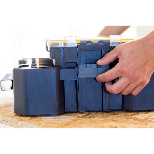 STANLEY FMST81077-1 organizer box with yellow lid, side view, hand opening latch.